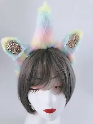 Womens Girl Fluffy Rainbow Unicorn Horn Costume Ear Party Hair Band Headband • $19.80