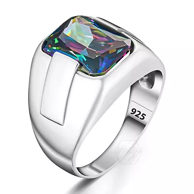 925 Sterling Silver Rectangle Shape Mystic Topaz Stone Turkish Men Ring • $39.90