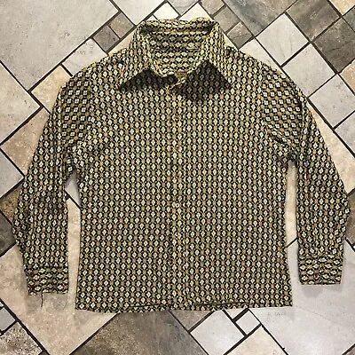 Vtg Men's Size L Green Argyle Print Velour Polo Shirt Long Sleeve Collar 70s 80s • $20