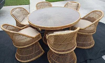 Vintage Mid Century Bohemian Wicker Sunburst Dining Table & 6 Swivel Chairs • $1800