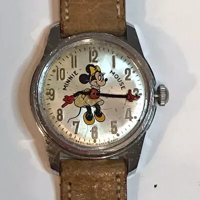 Vintage Minnie Mouse Watch Helbros Walt Disney Silver Tone Leather Disneyland • $129