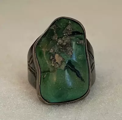 Vintage Old Pawn Navajo Silver Rough Cut Green Turquoise Ring Size 10.5 • $250