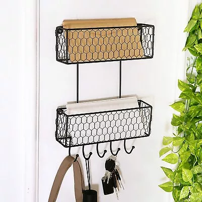 2 Tier Wall Hanging Metal Chicken Wire Organizer Baskets Mail Sorter W/ Key Hook • $19.99