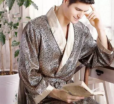 Men's Satin Silk Summer Pajamas Kimono Bathrobe Robe Dressing Loungewear M1 • £23.02