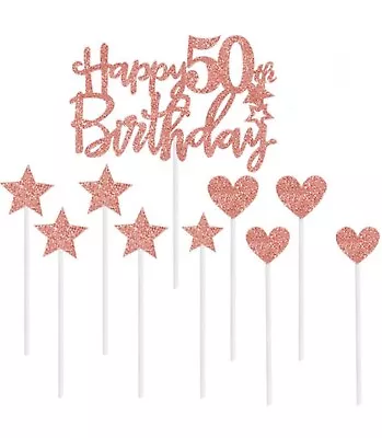 10pcs Personalised Happy 50th Birthday Cake Toppers Rose Gold Glitter • £3