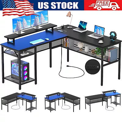 L Shaped Gaming Desk With LED Lights &Power Outlets Home Office Desk Corner Desk • $109.59