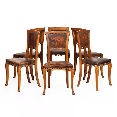 Set Of 6 Antique French Carved Walnut Art Nouveau Leather Dining Chairs • $3230