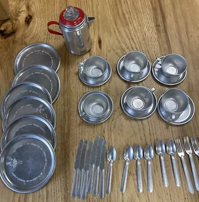 Vintage Aluminum Kids Kitchen Set Plates Saucers Utensils Little Bo Peep  • $39.95
