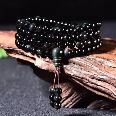 Rainbow Eye Obsidian 108 Mala Beads Prayer Necklace Multilayers Healing Bracelet • $15.69