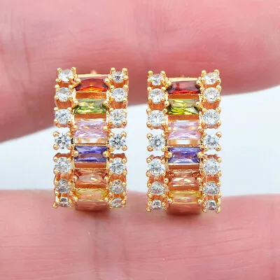 18K Yellow Gold Filled Luxury Black Mystic Topaz Huggie Earrings For Women • £5.99