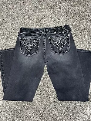 Miss Me Buckle Jeans Size 30 Black Skinny Mid Rise Stud Pocket Thick Stitch • $19