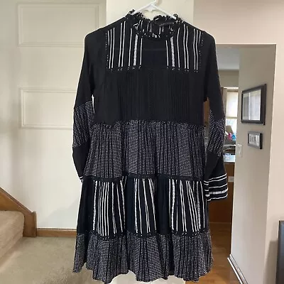 ZARA Embroidered Boho Folk Mini Swing Tiered Dress Black White X/Small • $23.50