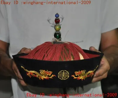 Old China Chinese Qing Dynasty Cloth Peacock Tail Gem Embroidery Dragon Hat Cap • $153