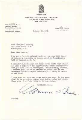 Norman Vincent Peale - Typed Letter Signed 10/30/1958 • $240