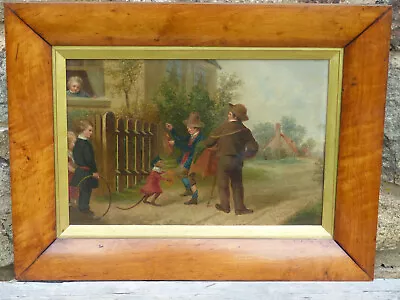 Fine Antique Children Organ Grinder Dancing Monkey Victorian Oil Painting • $350