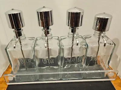 Vintage MCM Pump Liquor Dispenser Glass Decanter Set  Lucite Tray 4 Bottles • $149.11