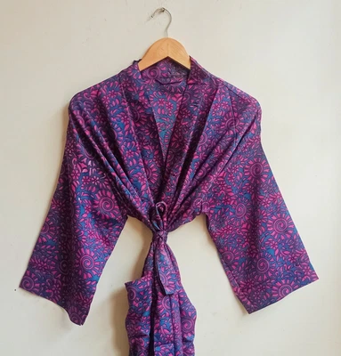 $57.37 • Buy Indian Navy Blue Floral Silk Kimonos Bath Robes Women's Clothing Silk Kimonos AU