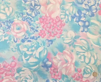 Vtg 70s 80s Cotton Big Aqua Pink Blue Watercolor Floral Fabric 1 1/8 Yds X 60   • $4.95