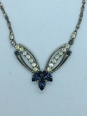 Vintage Signed S.P.B.C. Lind Necklace Silver Tone Rhinestone Blue Jewelry • $12