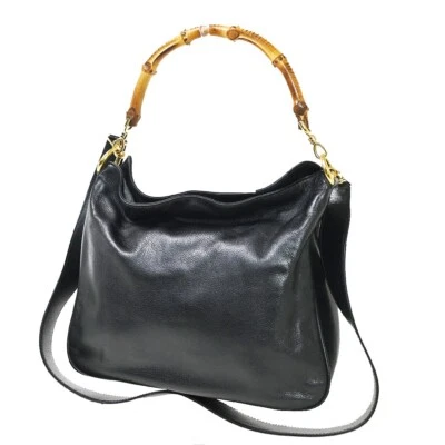 $159.60 • Buy GUCCI Bamboo 2Way Shoulder Hand Bag Leather Black Gold Made In Italy 01YA004