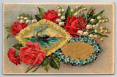 Postcard Heartiest Birthday Greetings Red Pink Roses Daisies Boat At Sea 1909 • £3.25