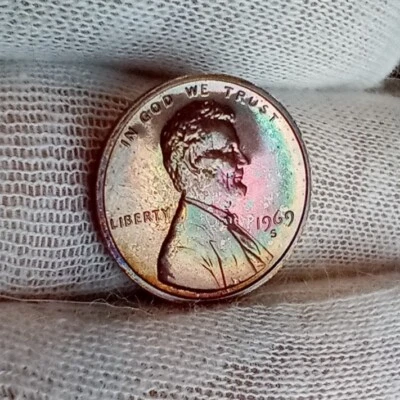 $9.99 • Buy 1969 S GEM PROOF LINCOLN CENT Memorial Penny NATURAL TONING Rainbow Toned Beauty