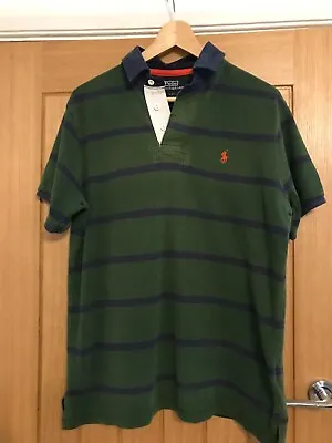 Ralph Lauren Short Sleeve Polo Shirt Navy & Green Stripe Men Size L • £5.99