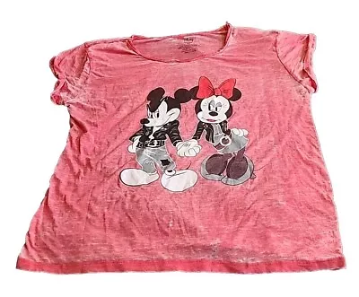 Disney Red Burnout Mickey & Minnie Mouse Edgy Leather Biker Cotton TSHIRT  • $10.99