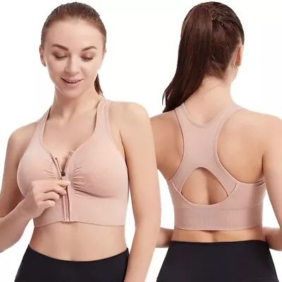 Ladies Zipper Front Fastening Sports Bra High Impact Non Wired Shockproof Padded • £12.99