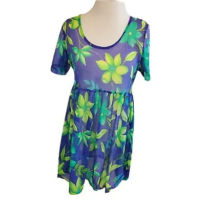 Vintage 90s Blue Tropical Hawaiian Swim Cover Mesh Neon Flowers Sheer Sz S/M • $29.99