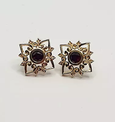 9ct Gold Stud Round Garnet Celtic Flower Yellow Earrings   • £89