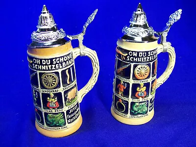 2 Musterschutz Germany Lidded Beer Stein .5 Pint 1 With Repaired Handle 1956 • $12.50