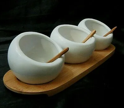 CORE BRAND BAMBOO & CERAMIC CONDIMENT SERVING SET - Includes 3 BOWLS/SPOONSTRAY • $18.99