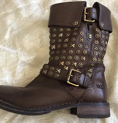 Women’s UGG AUSTRALIA Leather Brown Boots Size 7.5 Conor Moto Studded Buckles • $99