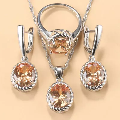 925 Silver Stamped Pendant Necklace Earrings Ring7-Colors Wedding Jewelry Set • $10.45