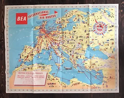 Bea British European Airways Original Vintage Route Map Airline Poster 1958  • $622.21