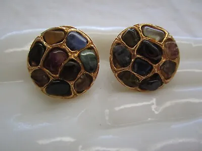 Signed VTG JACLYN Polished Real Stone Gold Tone Clip Earrings APR23-15 • $8