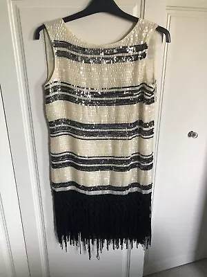 Zara Black Cream Sequin Flapper Fringed Dress XS BNWT • £25