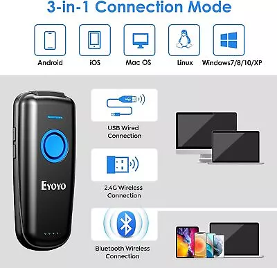Eyoyo Wireless QR Code Scanner Bluetooth Portable 2D Bar Code Scanner USB 2.4GHz • $40.01