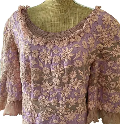 Vintage 1920s 1930s Embroidered Floral Net Lace Dress Large Handmade • $50