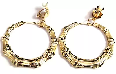 Clip-on Earrings Gold Bamboo 2 Inch Hoop Earrings Gold Plated Retro Hoops • $5.99