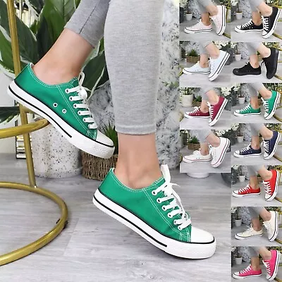 Canvas Sneaker Lace Up Plimsolls Ladies Trainer Girl Flat Pumps Women Shoes Size • £12.95