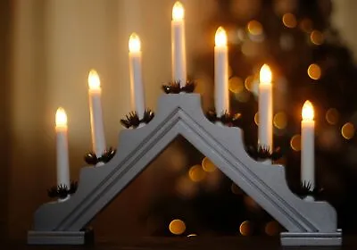 Silver Wooden 7 Christmas Candle Bridge Decoration Light Up Arch Mains Powered • £13.99