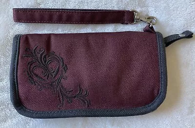 REI Zip Around Wallet Wristlet Maroon  Embroidered Travel Commute Canvas Vegan • $8