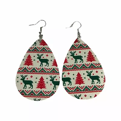 Earrings 2  Teardrop Faux Leather Winter Moose Elk Tree Red Green Snow Holiday • $3.50