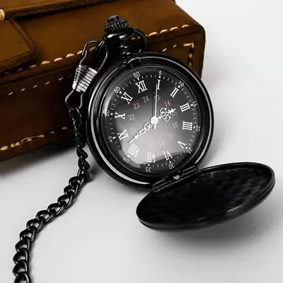 Classic Black Pocket Watch Quartz Fashion Full Hunter With Chain Necklace Gift • £9.99