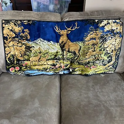 Vintage Bull Elk Nature Wildlife Tapestry Wall Hanging Rug Made In Italy 19 X 39 • $23.99