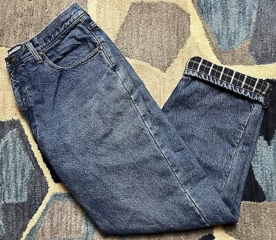 LL Bean Flannel Lined Jeans 37x32 Men’s Blue Denim Pants Straight Leg Plaid EUC • $29.97