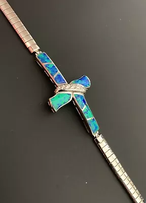 Blue Fire Opal Sideways Cross 925 Sterling Silver Bracelet Gem Stone Crystal • $124.99