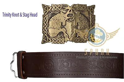 Scottish Men's Brown Embossed Leather Kilt Belt With Antique Finish Belt Buckle • $35.99